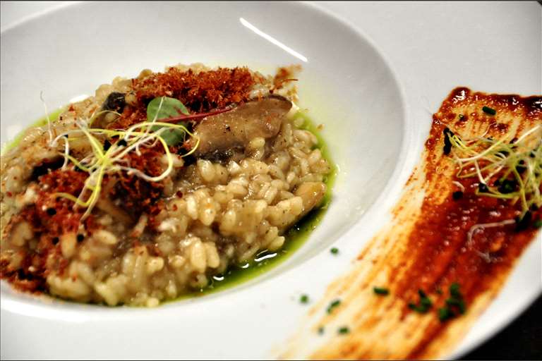 Arroz cremoso de setas de Ribagorza con polvo de Jamón de Teruel.